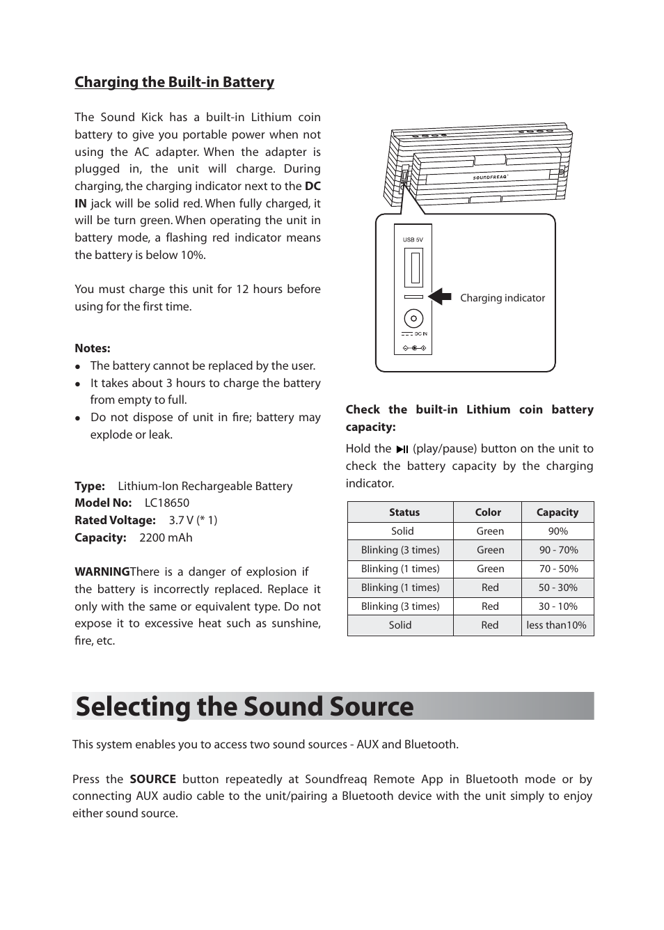 Selecting the sound source, Charging the built-in battery | SoundFreaq SFQ-04 User Manual | Page 8 / 16