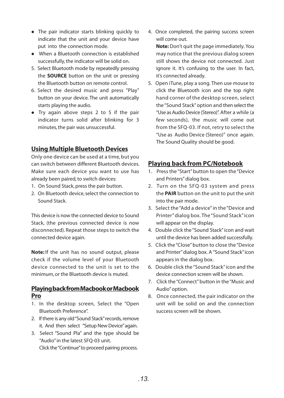 Using multiple bluetooth devices, Playing back from macbook or macbook pro | SoundFreaq SFQ-03 User Manual | Page 14 / 20