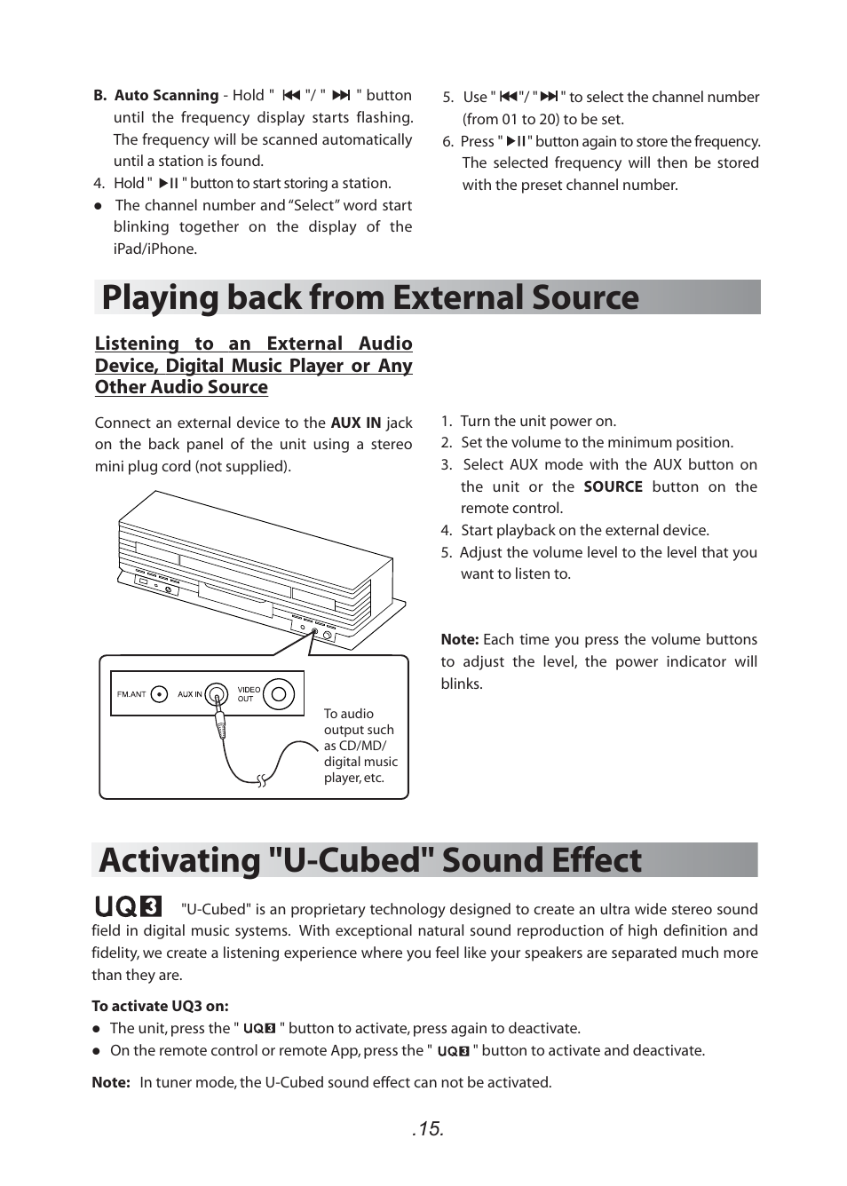 Playing back from external source, Activating "u-cubed" sound effect | SoundFreaq SFQ-02RB User Manual | Page 16 / 19