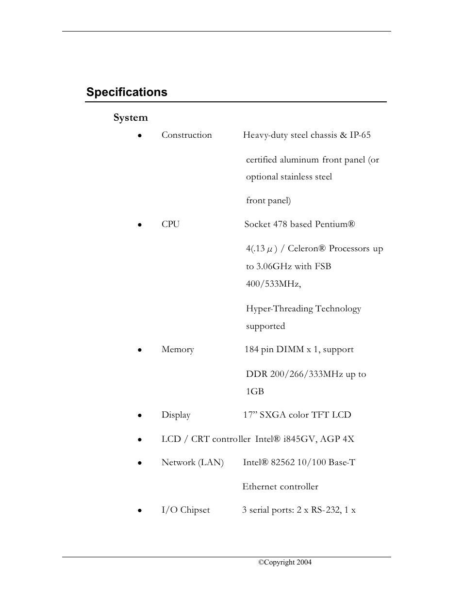Specifications, System | CyberResearch FPC 1702-P24 User Manual | Page 18 / 81