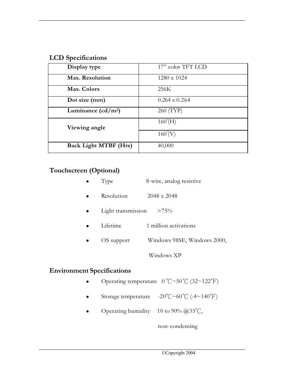 Lcd specifications, Touchscreen (optional), Environment specifications | CyberResearch FPC 1702-P24 User Manual | Page 22 / 81