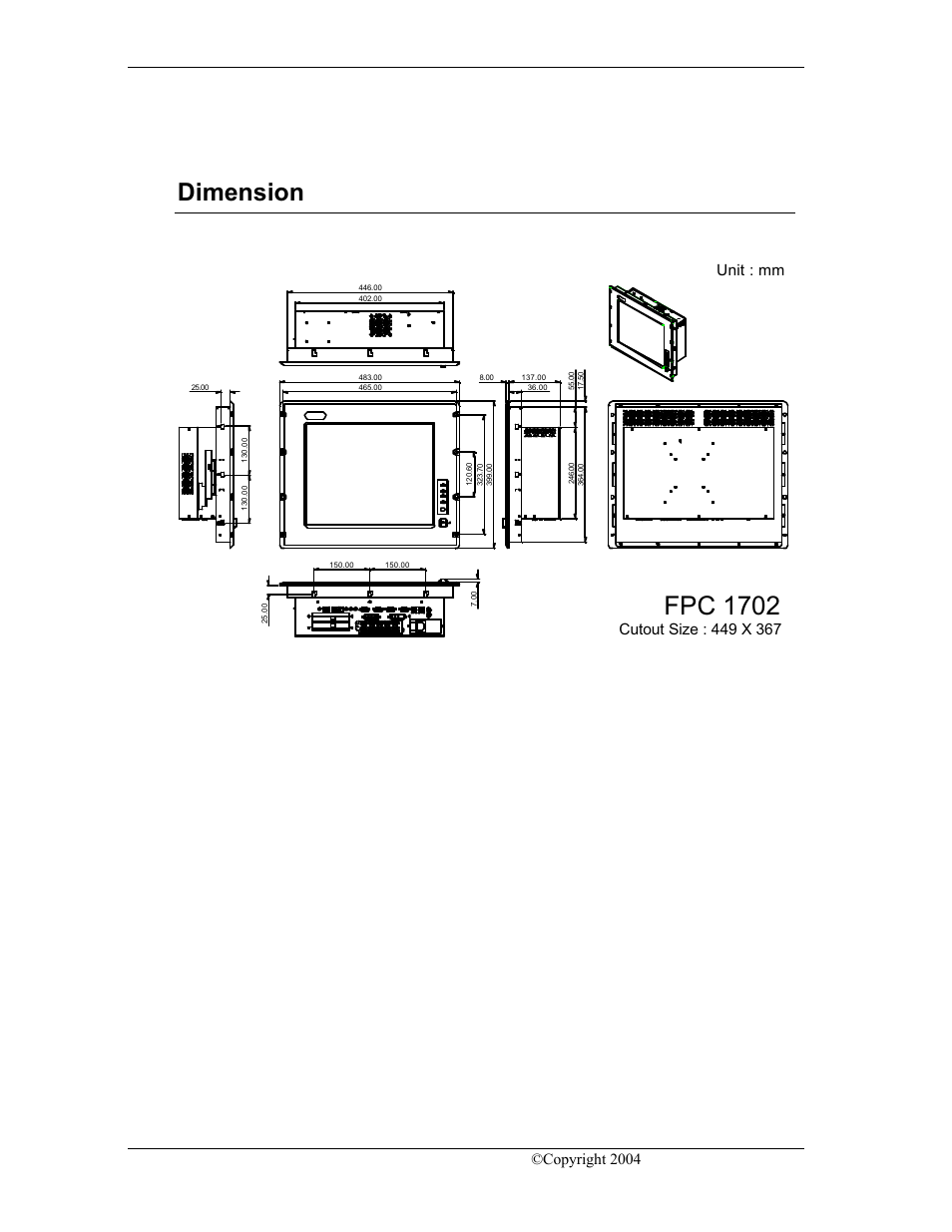 Fpc 1702, Dimension, Unit : mm | Fpc 1702 cyberresearch, Panel pcs, Copyright 2004 cyberresearch, inc | CyberResearch FPC 1702-P24 User Manual | Page 24 / 81
