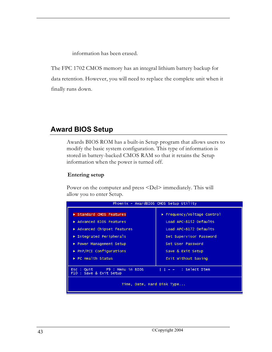 Award bios setup | CyberResearch FPC 1702-P24 User Manual | Page 52 / 81