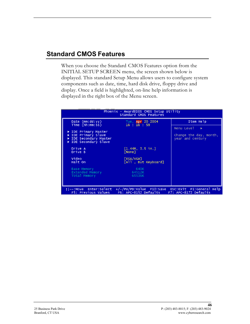 Standard cmos features | CyberResearch FPC 1702-P24 User Manual | Page 55 / 81