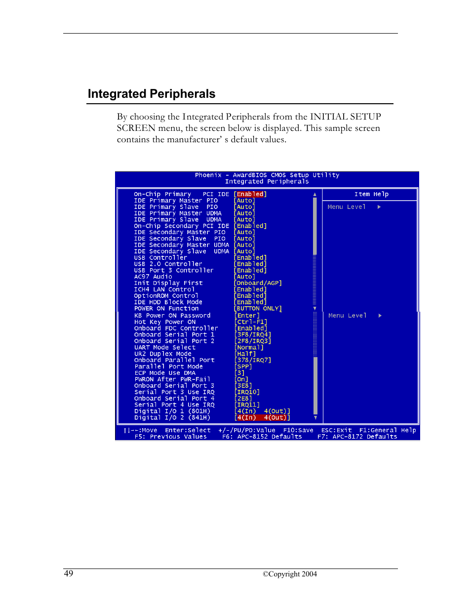 Integrated peripherals | CyberResearch FPC 1702-P24 User Manual | Page 58 / 81