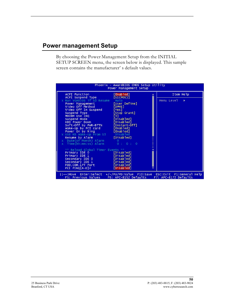 Power management setup | CyberResearch FPC 1702-P24 User Manual | Page 59 / 81