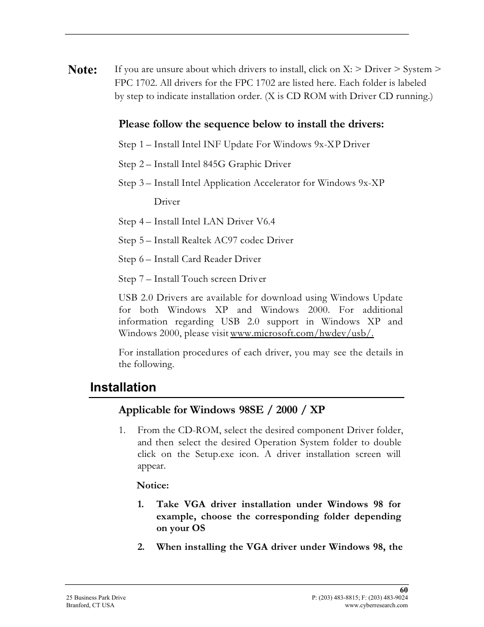 Installation | CyberResearch FPC 1702-P24 User Manual | Page 69 / 81