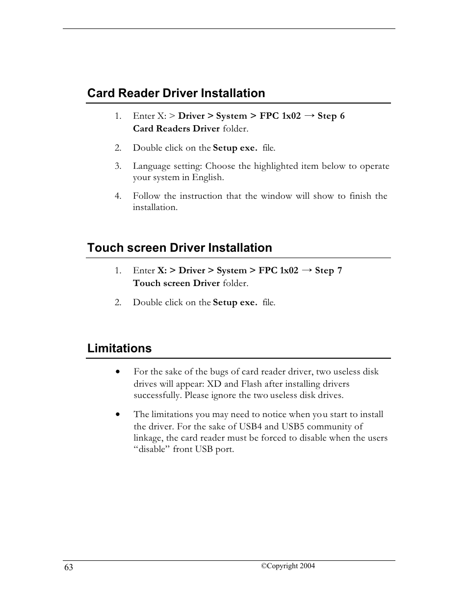 Card reader driver installation, Touch screen driver installation, Limitations | CyberResearch FPC 1702-P24 User Manual | Page 72 / 81