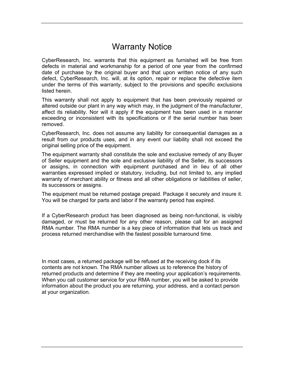 Warranty notice | CyberResearch FPC 1702-P24 User Manual | Page 78 / 81
