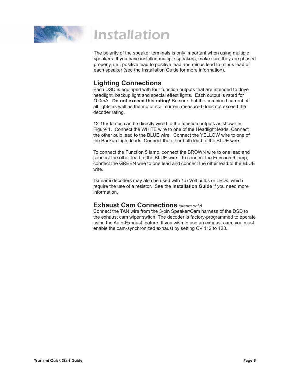 Installation, Lighting connections, Exhaust cam connections | SoundTraxx Tsunami Quick Start User Manual | Page 11 / 18