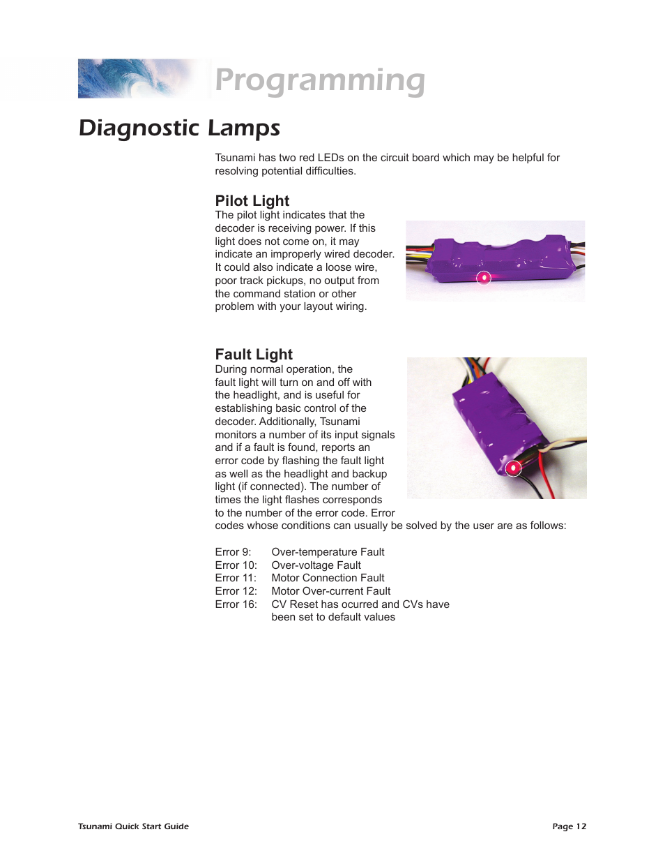 Programming, Diagnostic lamps, Pilot light | Fault light | SoundTraxx Tsunami Quick Start User Manual | Page 15 / 18