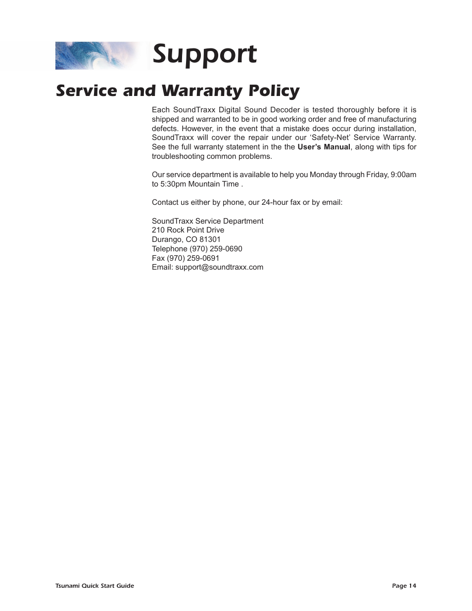 Support, Service and warranty policy | SoundTraxx Tsunami Quick Start User Manual | Page 17 / 18