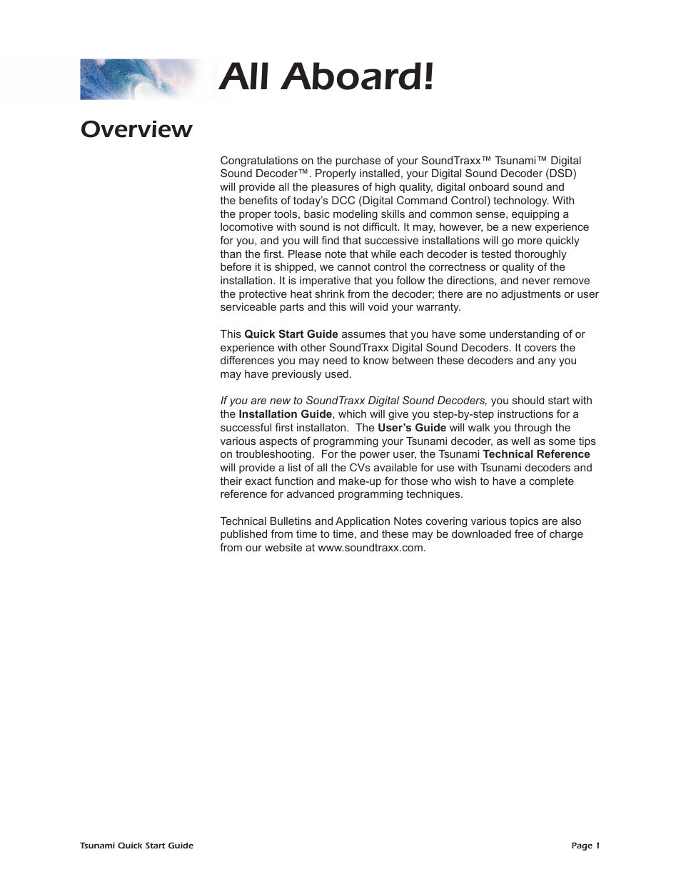 All aboard, Overview | SoundTraxx Tsunami Quick Start User Manual | Page 4 / 18