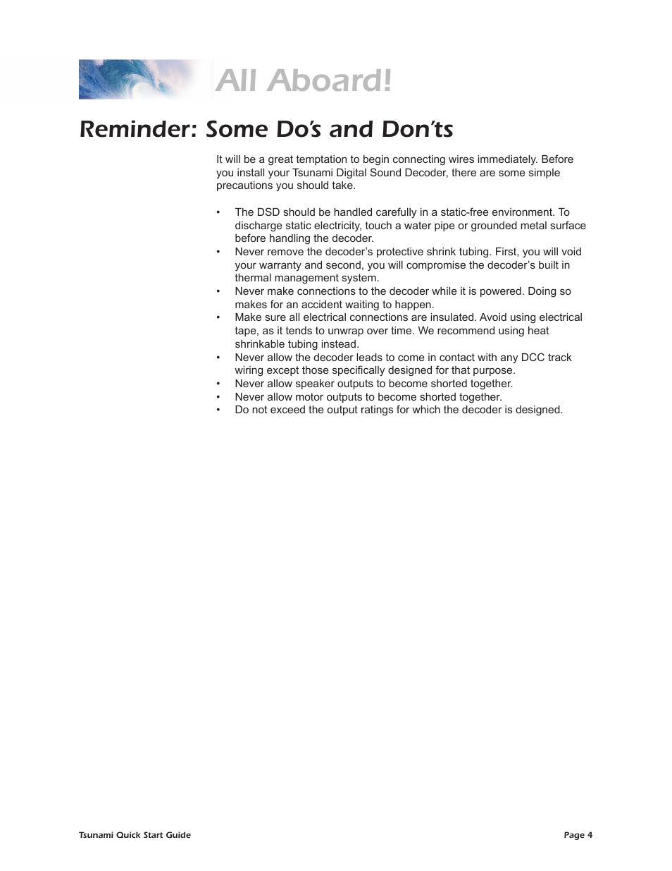 All aboard, Reminder: some do’s and don’ts | SoundTraxx Tsunami Quick Start User Manual | Page 7 / 18