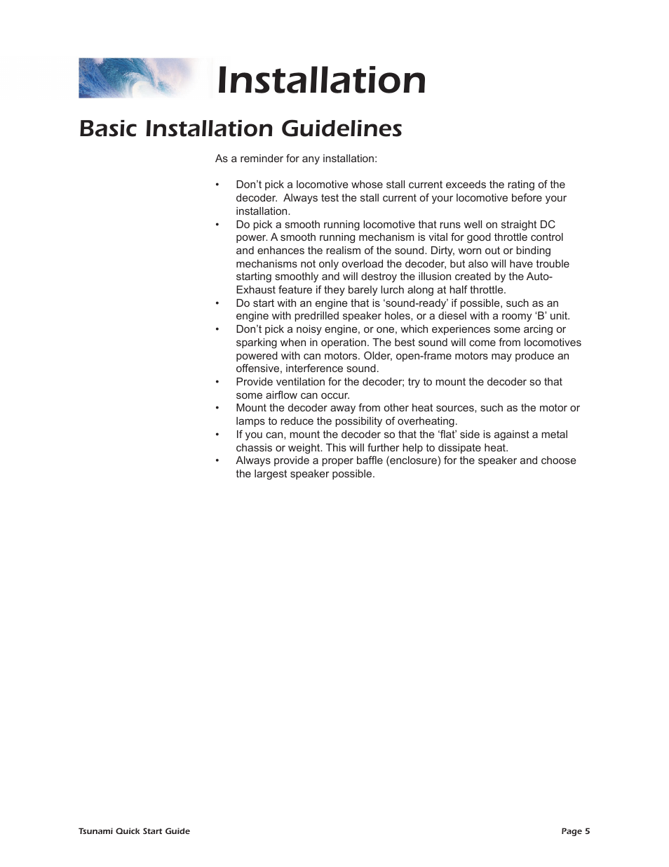 Installation, Basic installation guidelines | SoundTraxx Tsunami Quick Start User Manual | Page 8 / 18
