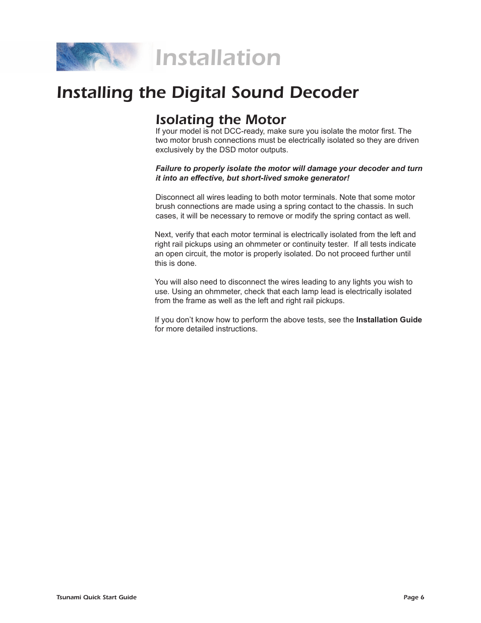 Installation, Installing the digital sound decoder, Isolating the motor | SoundTraxx Tsunami Quick Start User Manual | Page 9 / 18