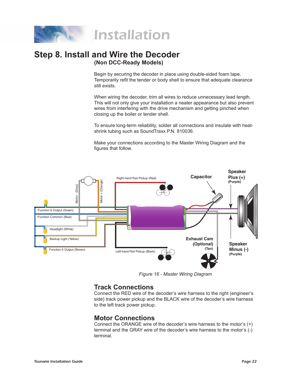 Installation, Step 8. install and wire the decoder, Track connections | Motor connections, Non dcc-ready models) | SoundTraxx Tsunami Installation User Manual | Page 25 / 35