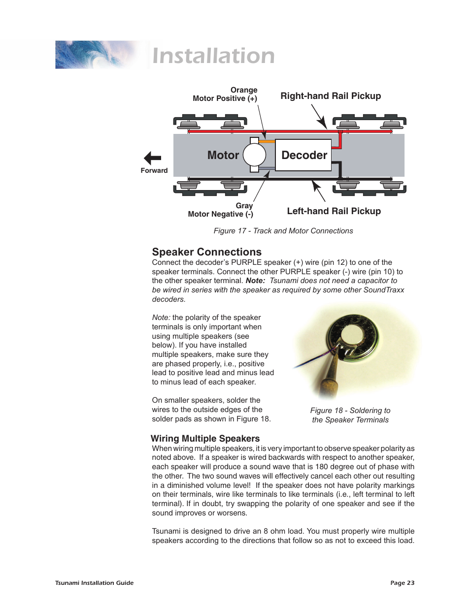 Installation, Motor, Decoder | Speaker connections | SoundTraxx Tsunami Installation User Manual | Page 26 / 35