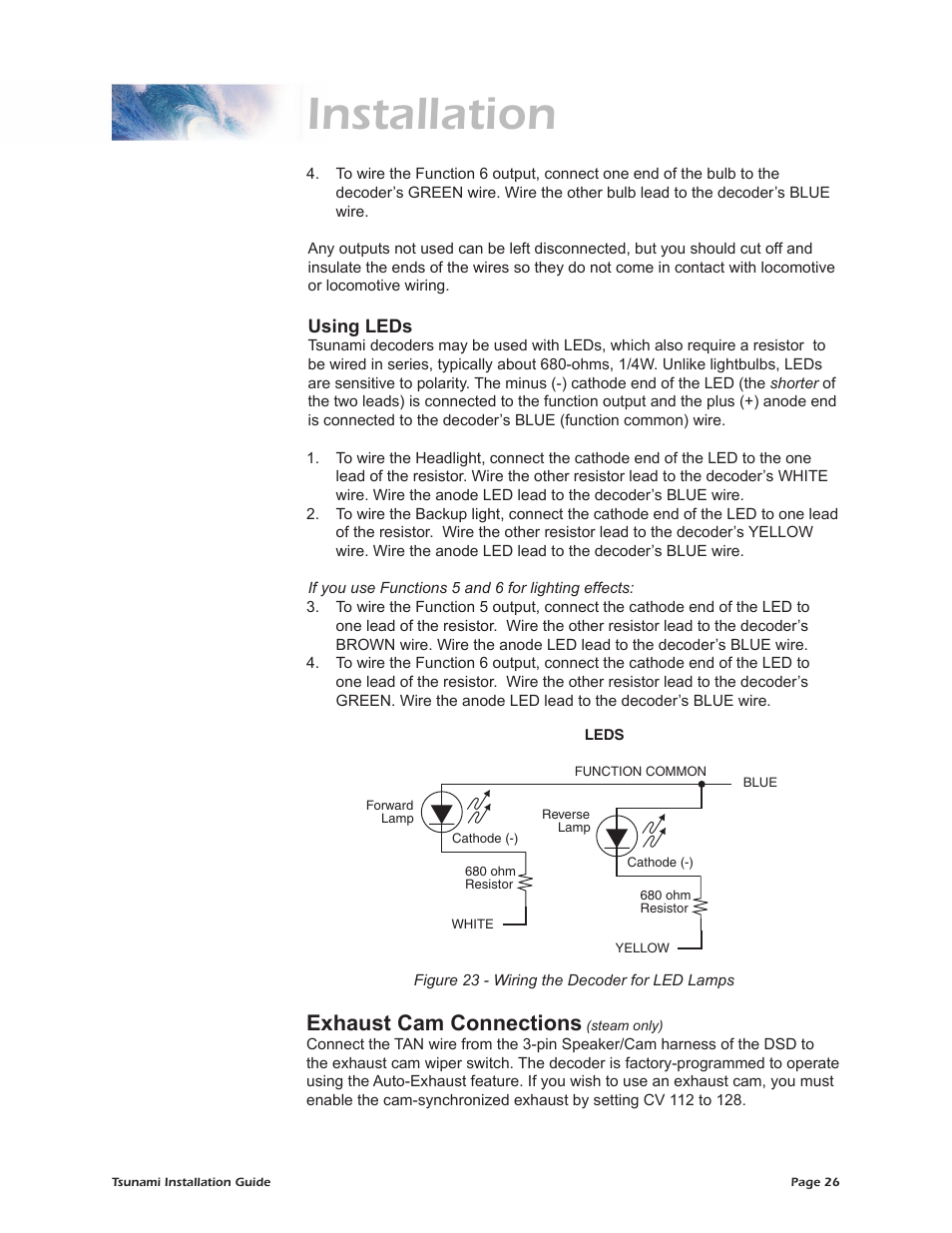 Installation, Exhaust cam connections | SoundTraxx Tsunami Installation User Manual | Page 29 / 35
