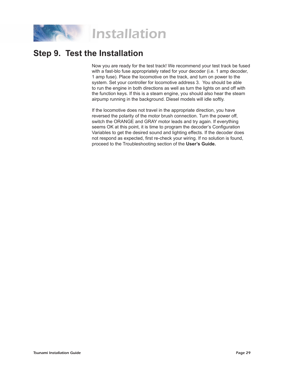 Installation, Step 9. test the installation | SoundTraxx Tsunami Installation User Manual | Page 32 / 35