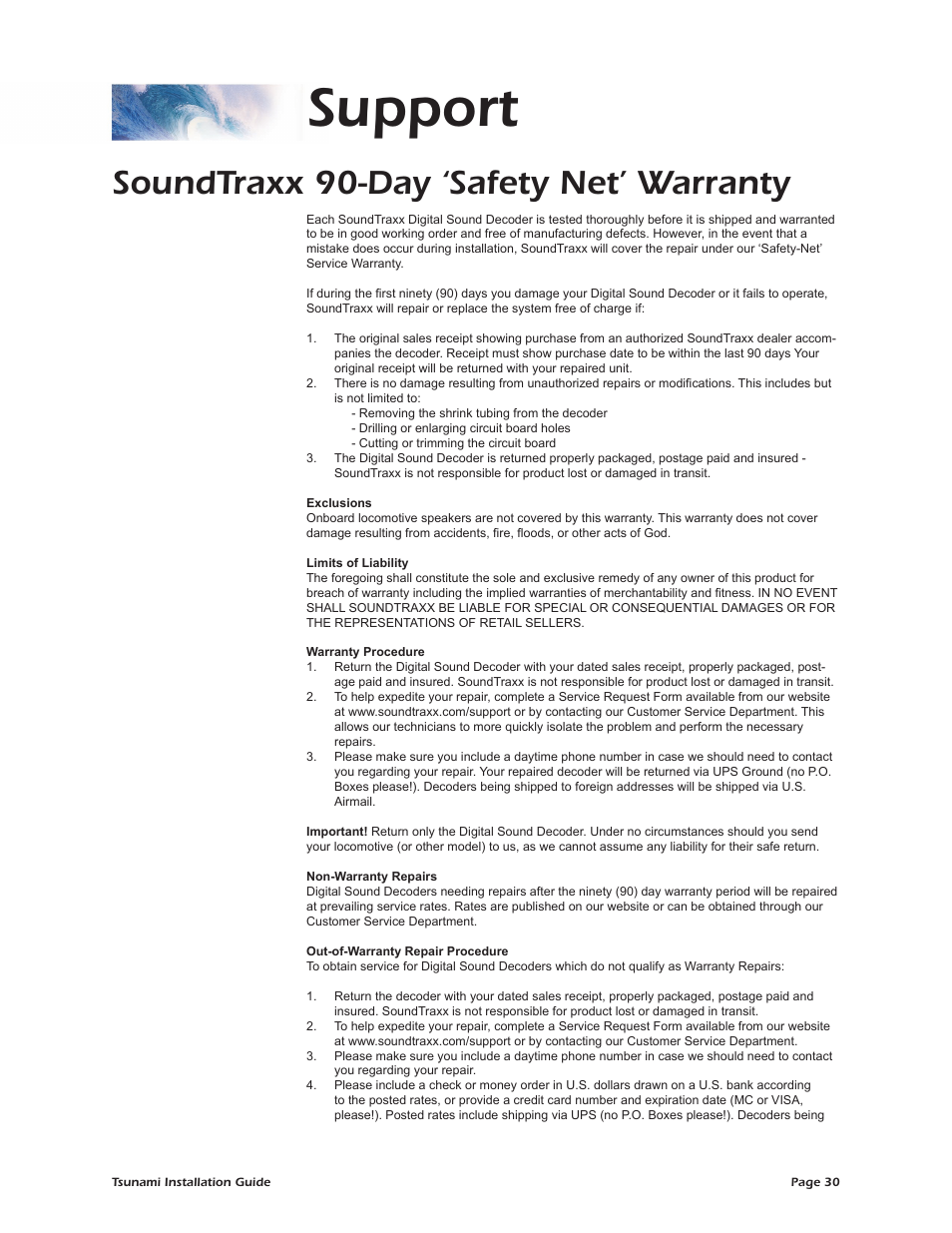 Support, Soundtraxx 90-day ‘safety net’ warranty | SoundTraxx Tsunami Installation User Manual | Page 33 / 35