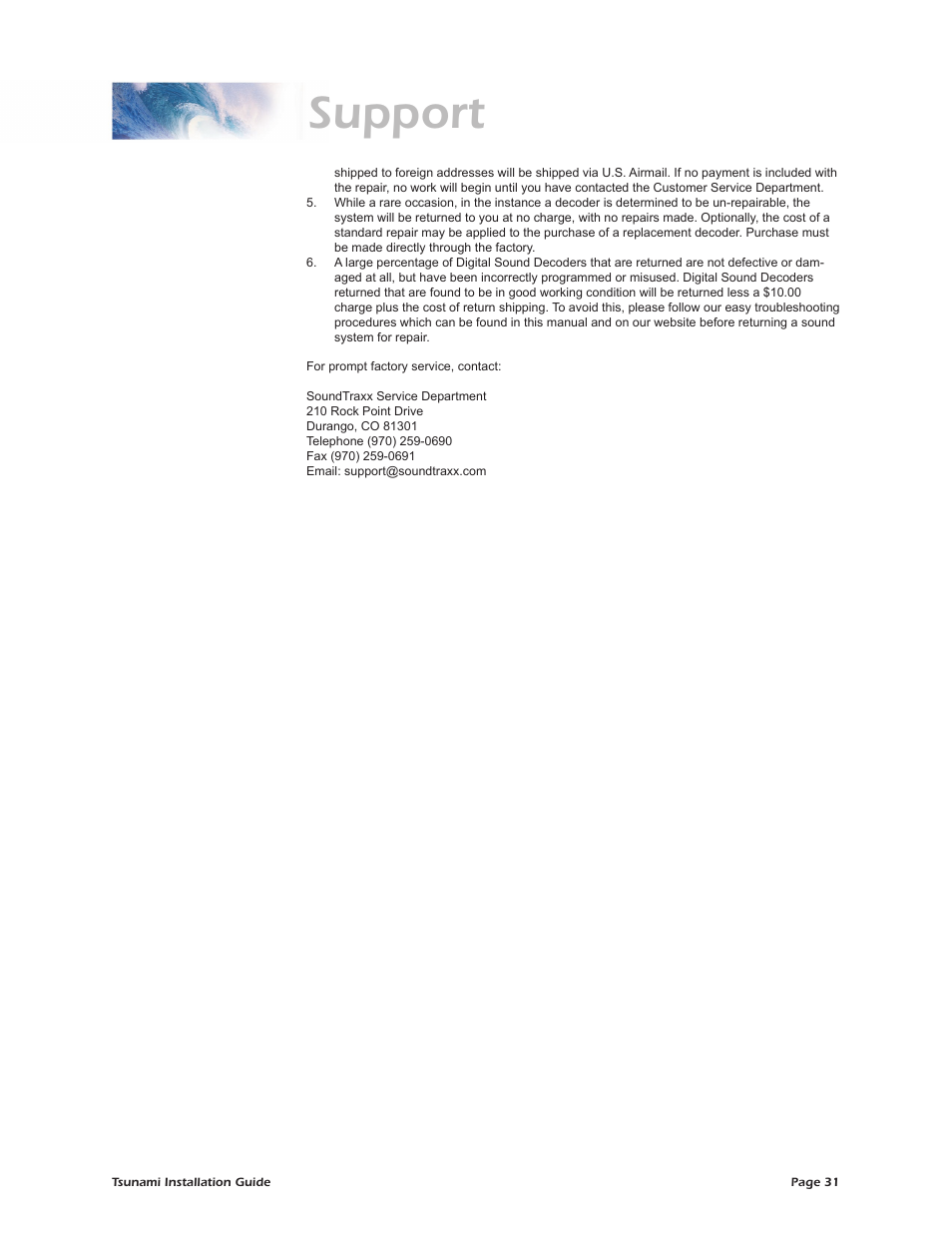 Support | SoundTraxx Tsunami Installation User Manual | Page 34 / 35