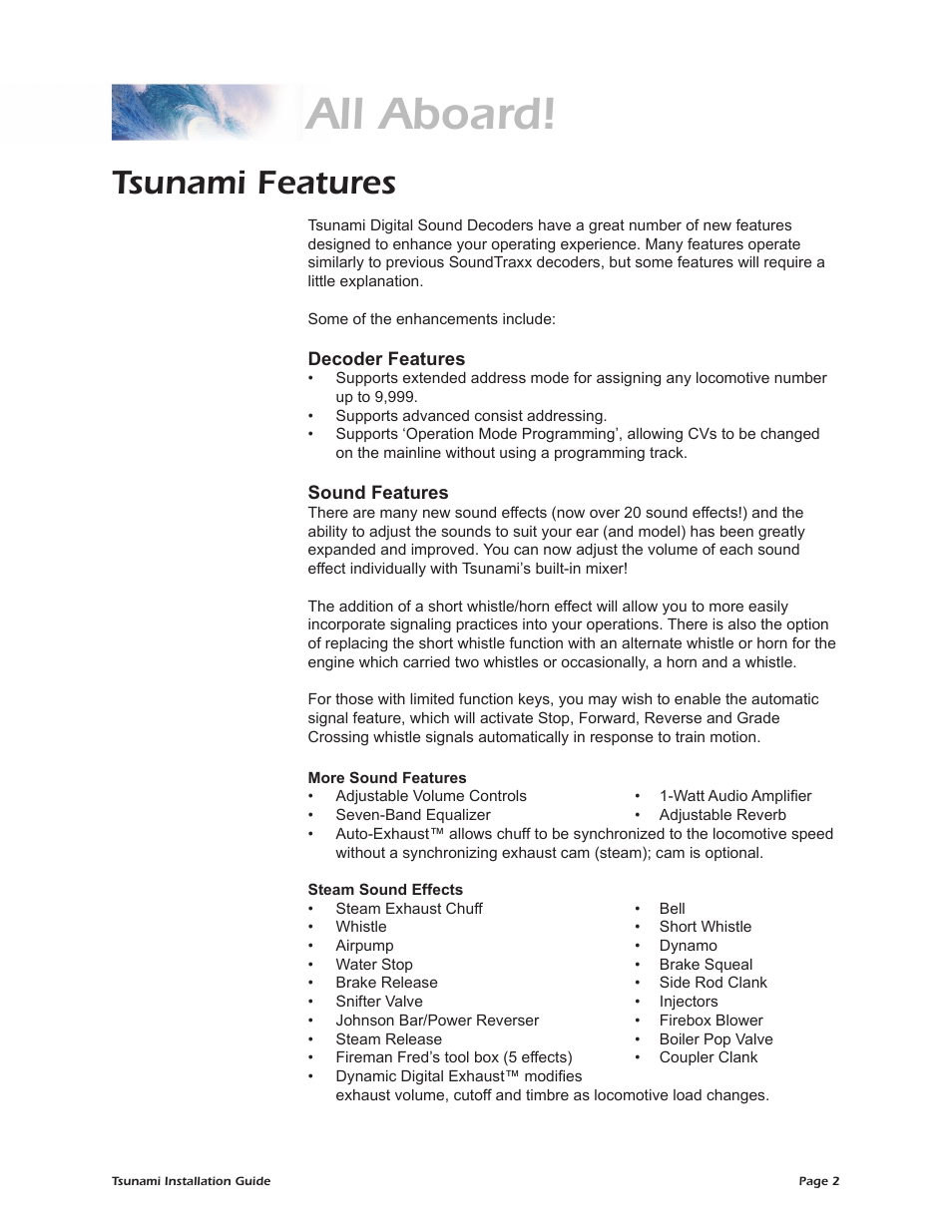 All aboard, Tsunami features | SoundTraxx Tsunami Installation User Manual | Page 5 / 35