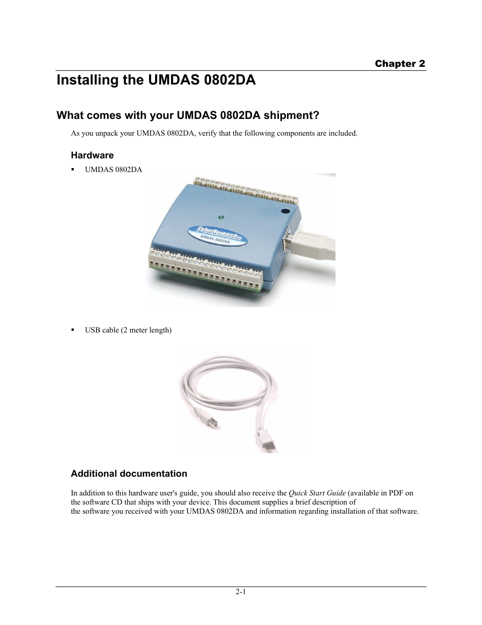 What comes with your, Umdas 0802da shipment? -1, Hardware -1 | Additional documentation -1, Unpacking the, Umdas 0802da -2, Ter 2, Installing the, Umdas 0802da, Installing the umdas 0802da | CyberResearch UMDAS 0802DA User Manual | Page 13 / 42