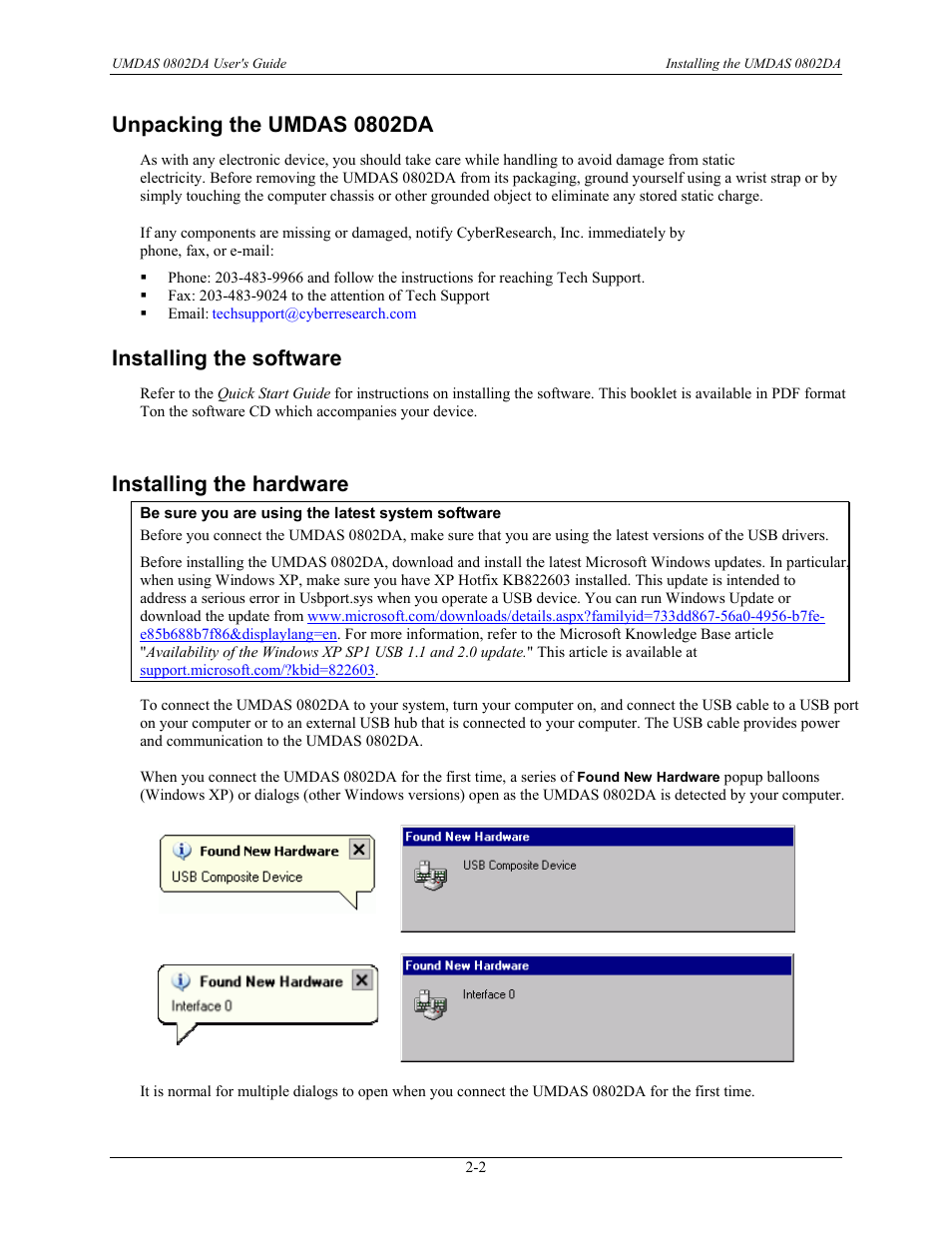 Installing the software -2, Installing the hardware -2, Calibrating the | Umdas 0802da -3, Be sure you are using the latest system software, Unpacking the umdas 0802da, Installing the software, Installing the hardware | CyberResearch UMDAS 0802DA User Manual | Page 14 / 42