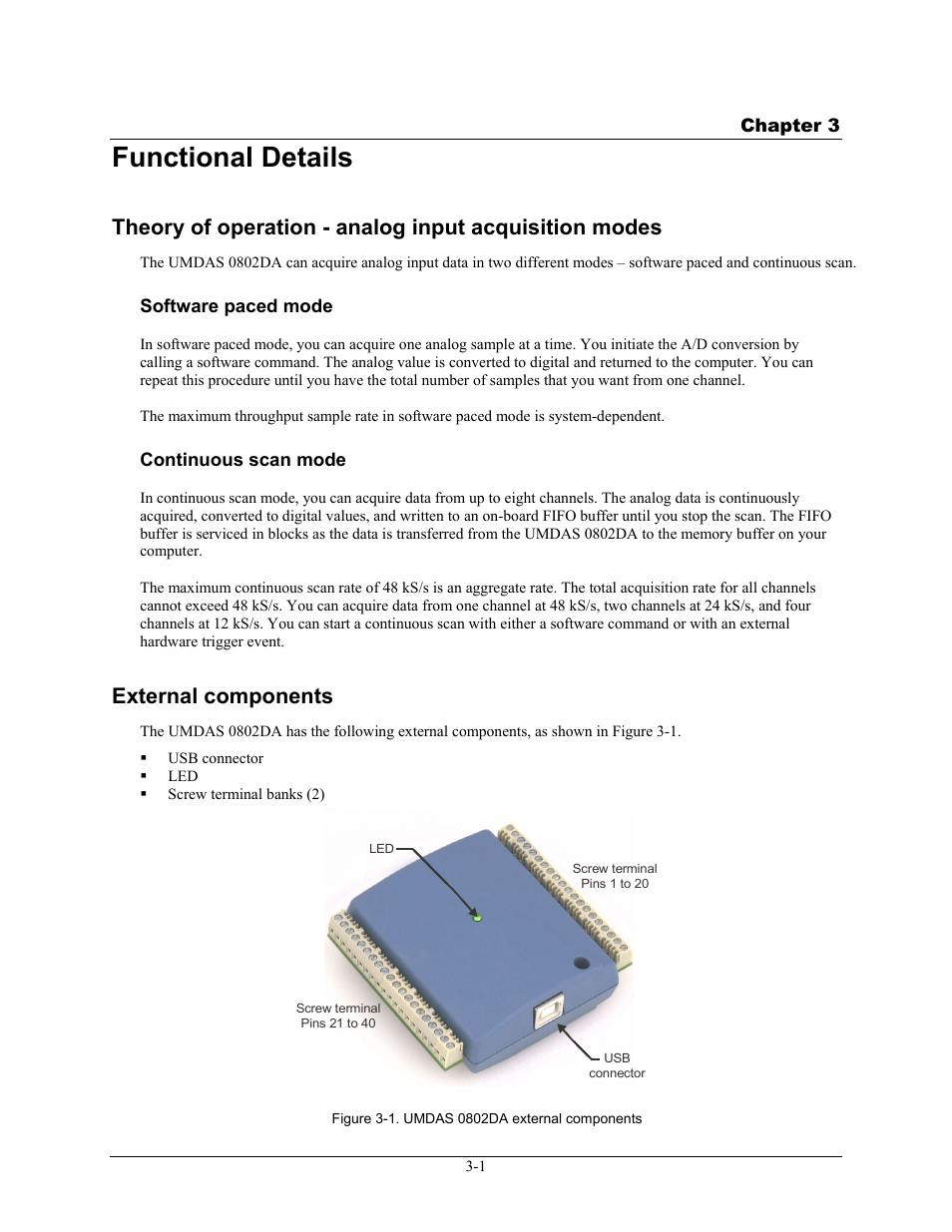 Software paced mode -1, Continuous scan mode -1, External components -1 | Usb connector -2, Functional details, External components | CyberResearch UMDAS 0802DA User Manual | Page 16 / 42