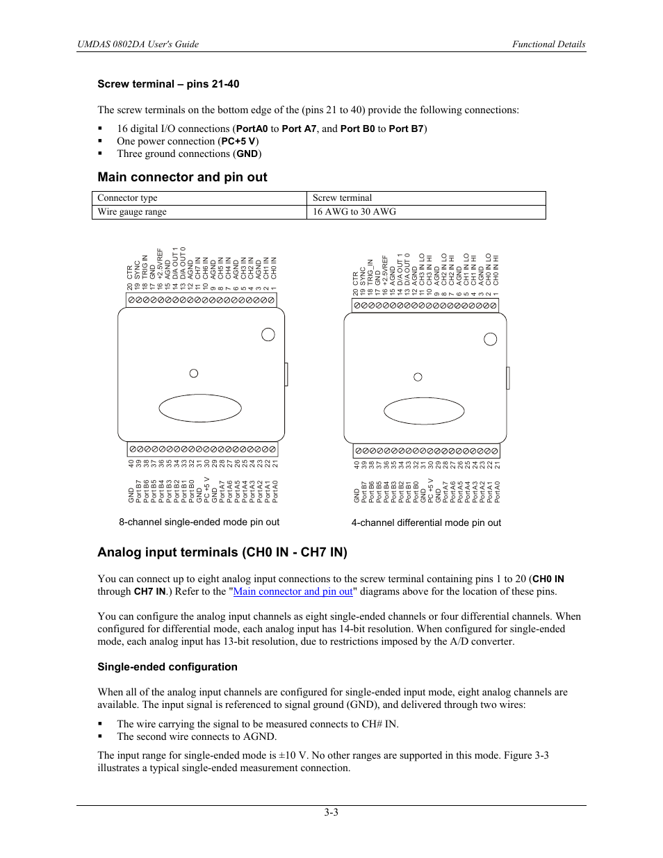 Analog input terminals (ch0 in - ch7 in) -3, Main connector and pin out, Analog input terminals (ch0 in - ch7 in) | One power connection, Three ground connections, Through, Porta0, Port a7, Port b0, Port b7 | CyberResearch UMDAS 0802DA User Manual | Page 18 / 42