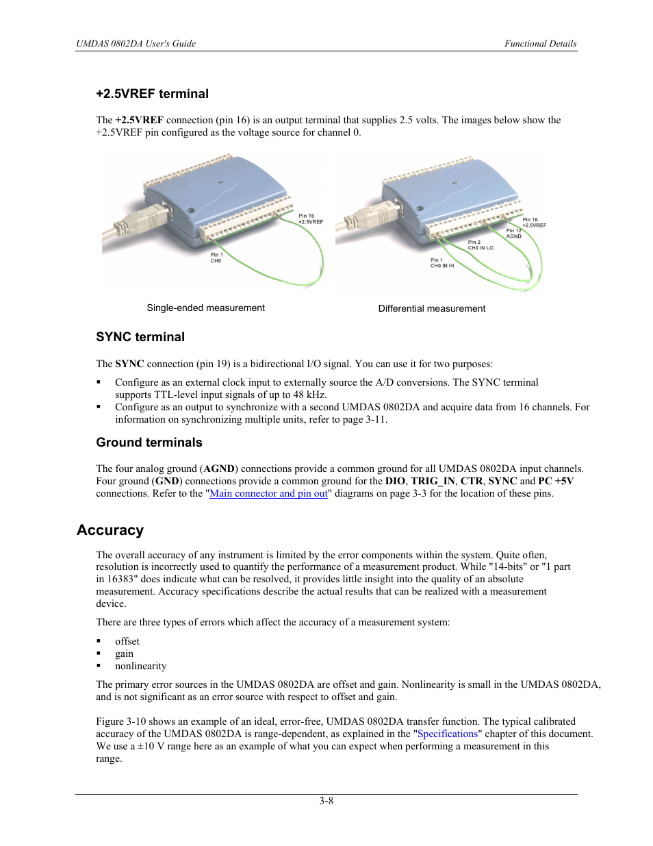 Sync terminal -8, Ground terminals -8, Accuracy -8 | Umdas 0802da channel gain queue feature -11, Accuracy | CyberResearch UMDAS 0802DA User Manual | Page 23 / 42