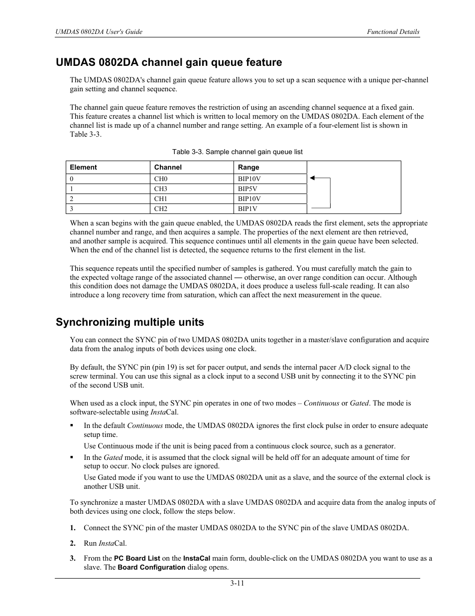 Synchronizing multiple units -11, Chapter 4, Umdas 0802da channel gain queue feature | Synchronizing multiple units | CyberResearch UMDAS 0802DA User Manual | Page 26 / 42