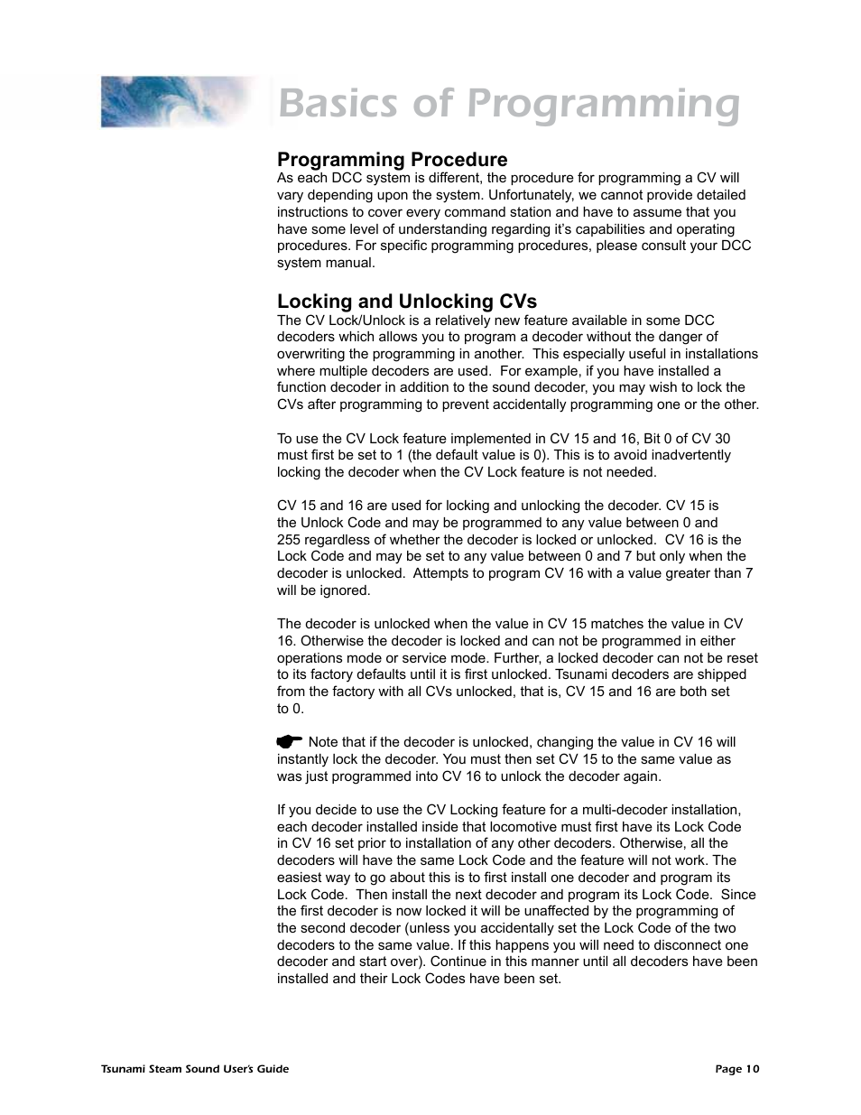 Basics of programming, Programming procedure, Locking and unlocking cvs | SoundTraxx Tsunami Steam Users Guide User Manual | Page 13 / 77