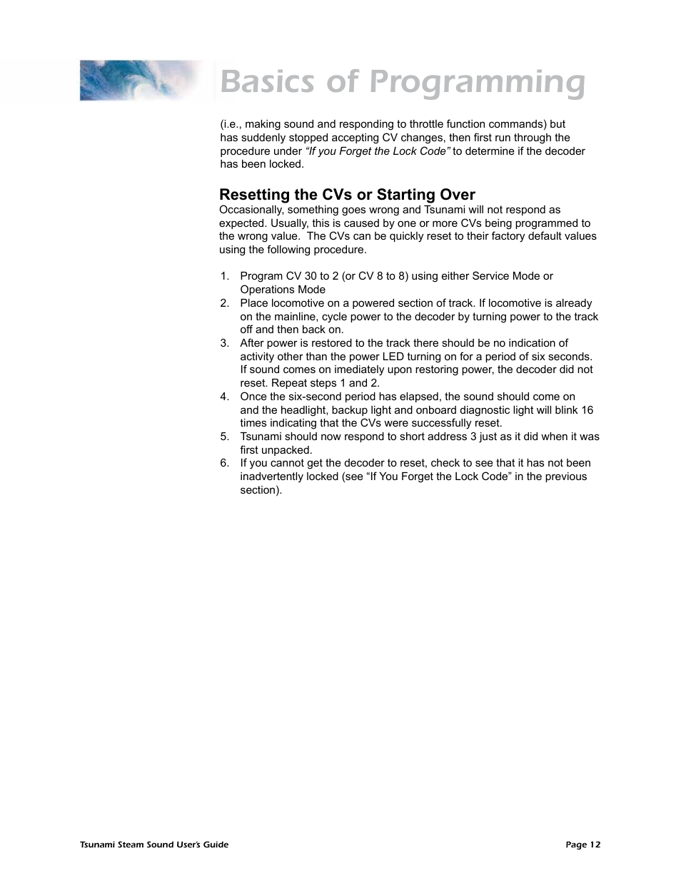 Basics of programming, Resetting the cvs or starting over | SoundTraxx Tsunami Steam Users Guide User Manual | Page 15 / 77