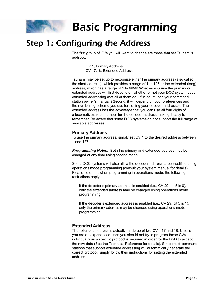 Basic programming, Step 1: configuring the address | SoundTraxx Tsunami Steam Users Guide User Manual | Page 16 / 77