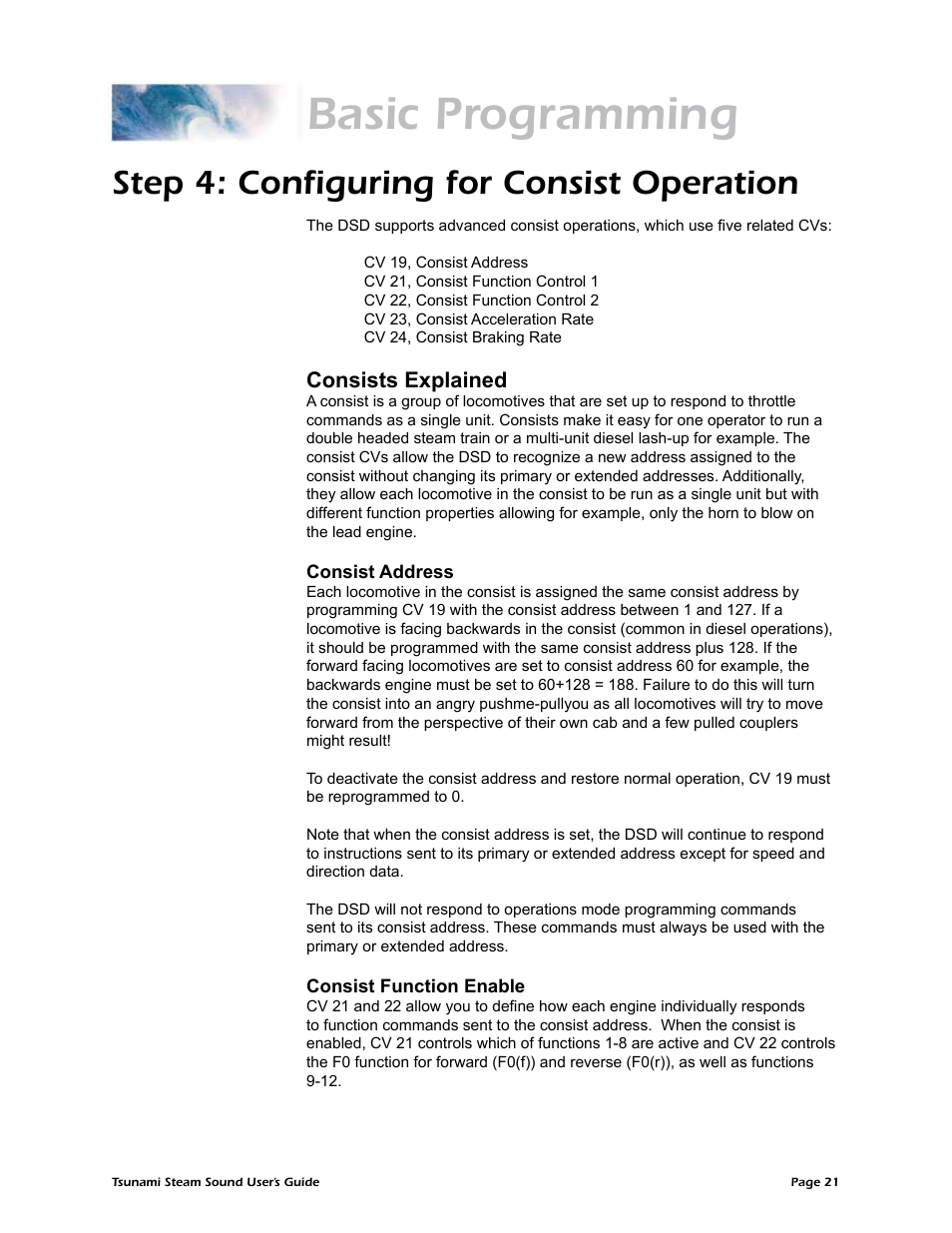 Basic programming, Step 4: configuring for consist operation, Consists explained | SoundTraxx Tsunami Steam Users Guide User Manual | Page 24 / 77
