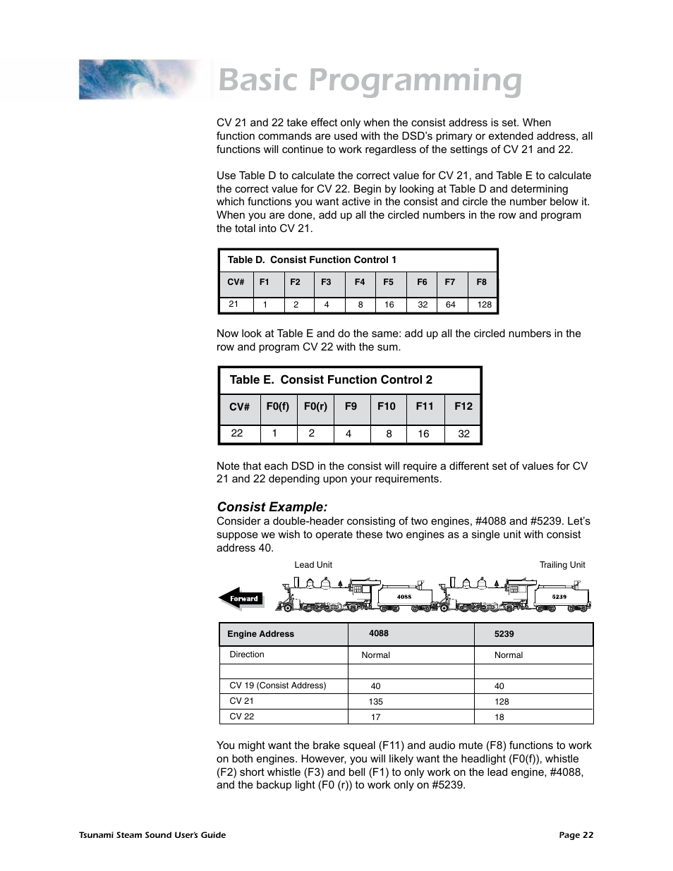 Basic programming, Consist example | SoundTraxx Tsunami Steam Users Guide User Manual | Page 25 / 77