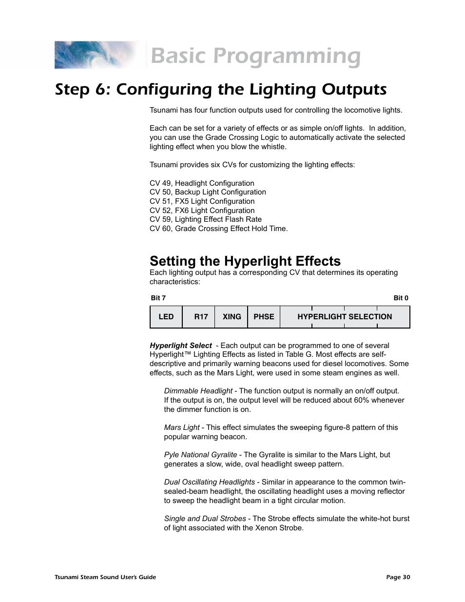 Basic programming, Step 6: configuring the lighting outputs, Setting the hyperlight effects | SoundTraxx Tsunami Steam Users Guide User Manual | Page 33 / 77