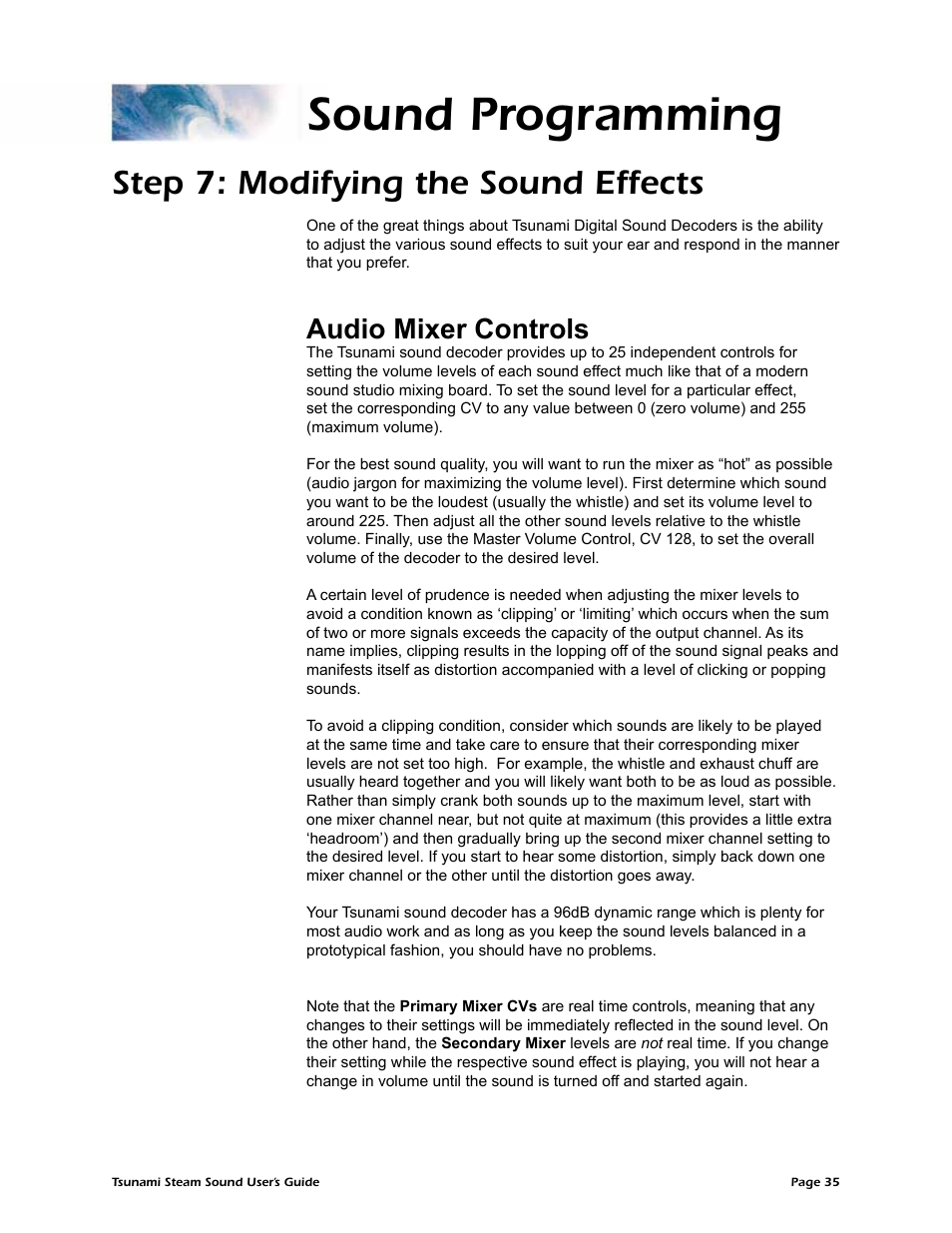 Sound programming, Step 7: modifying the sound effects, Audio mixer controls | SoundTraxx Tsunami Steam Users Guide User Manual | Page 38 / 77
