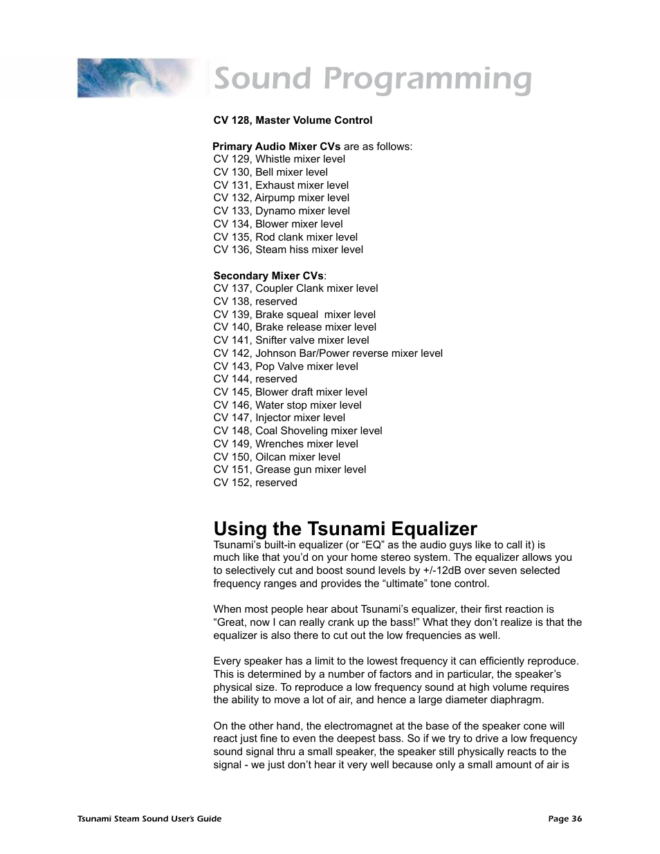 Sound programming, Using the tsunami equalizer | SoundTraxx Tsunami Steam Users Guide User Manual | Page 39 / 77