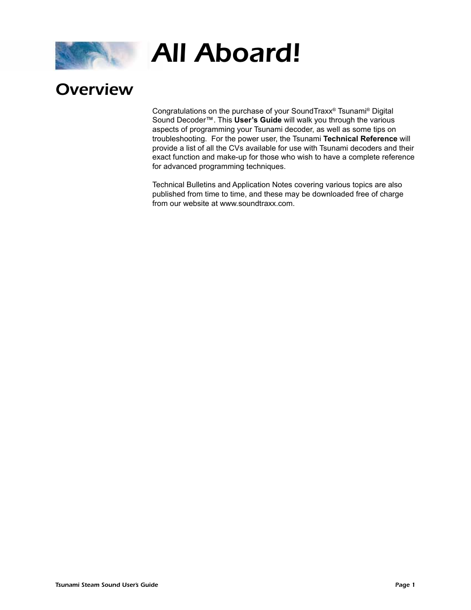 All aboard, Overview | SoundTraxx Tsunami Steam Users Guide User Manual | Page 4 / 77