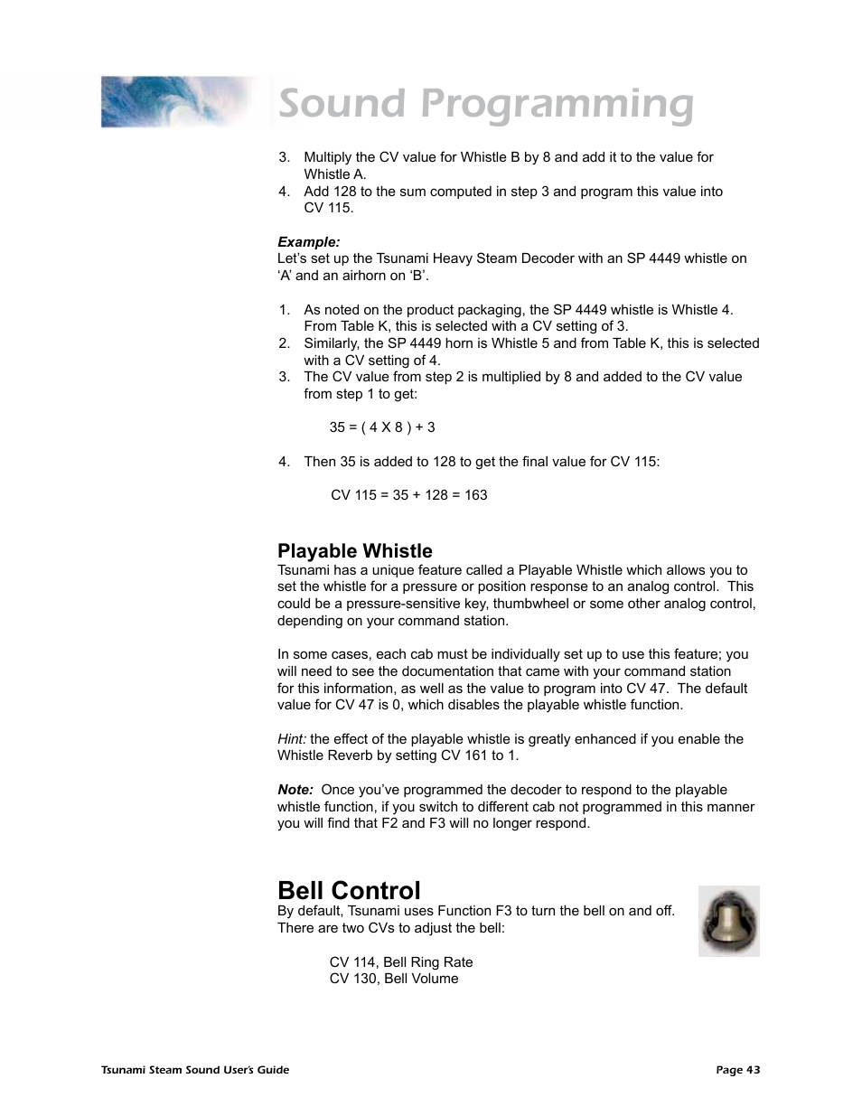 Sound programming, Bell control, Playable whistle | SoundTraxx Tsunami Steam Users Guide User Manual | Page 46 / 77