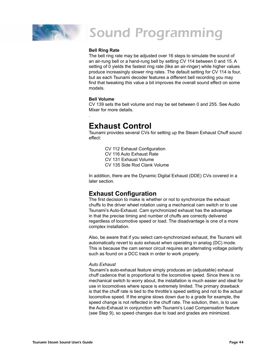 Sound programming, Exhaust control, Exhaust configuration | SoundTraxx Tsunami Steam Users Guide User Manual | Page 47 / 77