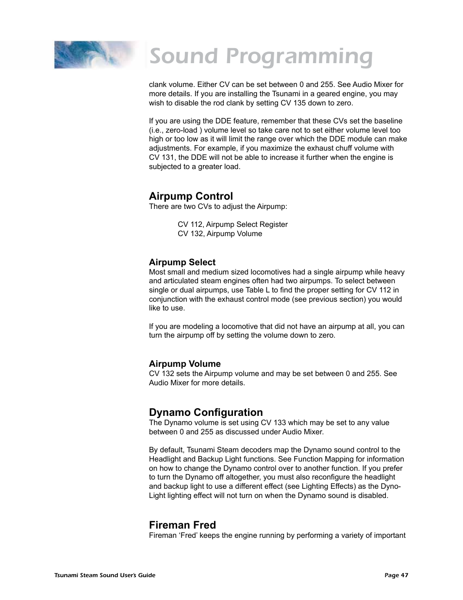 Sound programming, Airpump control, Dynamo configuration | Fireman fred | SoundTraxx Tsunami Steam Users Guide User Manual | Page 50 / 77