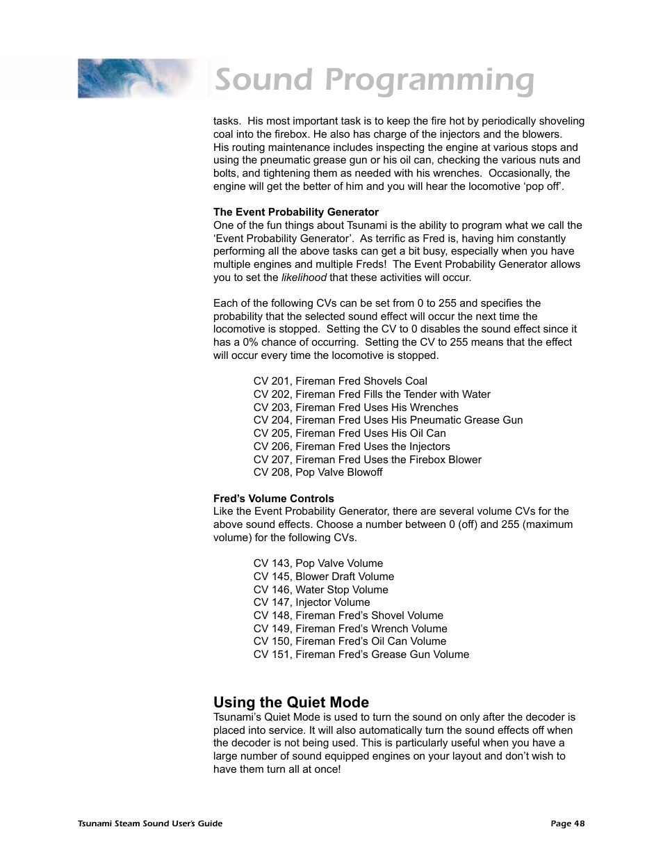 Sound programming, Using the quiet mode | SoundTraxx Tsunami Steam Users Guide User Manual | Page 51 / 77