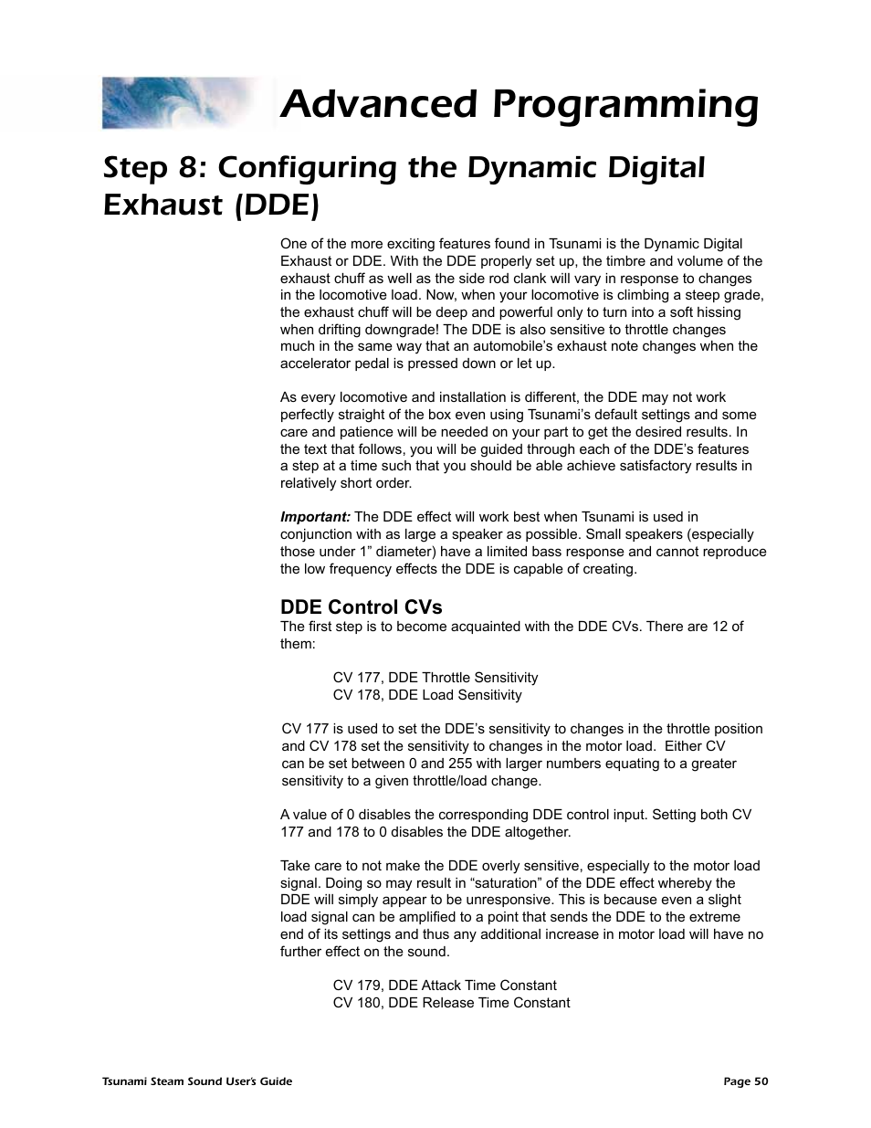 Advanced programming, Dde control cvs | SoundTraxx Tsunami Steam Users Guide User Manual | Page 53 / 77