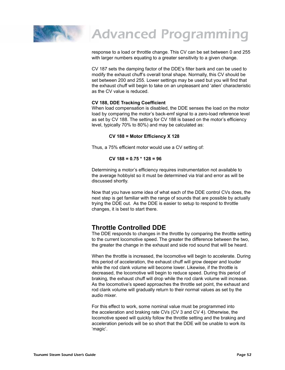 Advanced programming, Throttle controlled dde | SoundTraxx Tsunami Steam Users Guide User Manual | Page 55 / 77