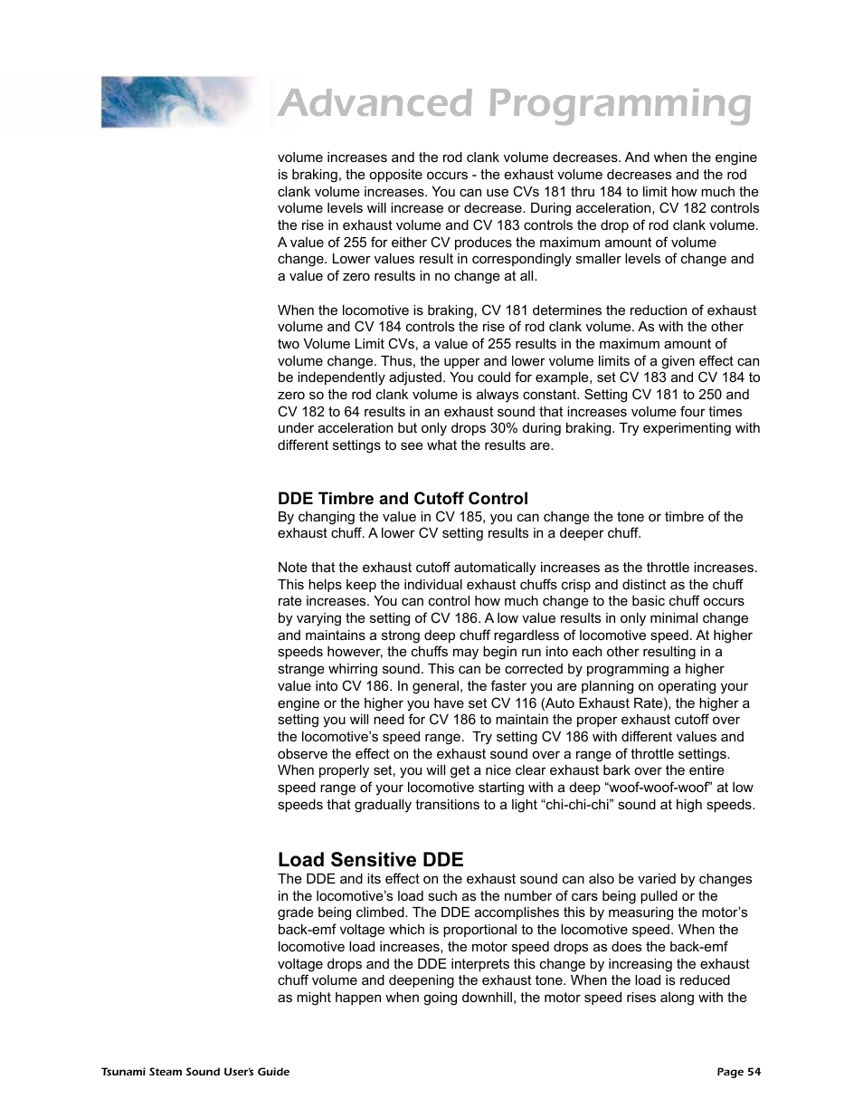 Advanced programming, Load sensitive dde | SoundTraxx Tsunami Steam Users Guide User Manual | Page 57 / 77