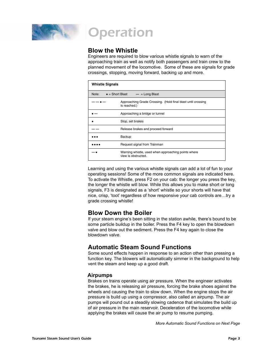 Operation, Blow the whistle, Blow down the boiler | Automatic steam sound functions, Airpumps | SoundTraxx Tsunami Steam Users Guide User Manual | Page 6 / 77